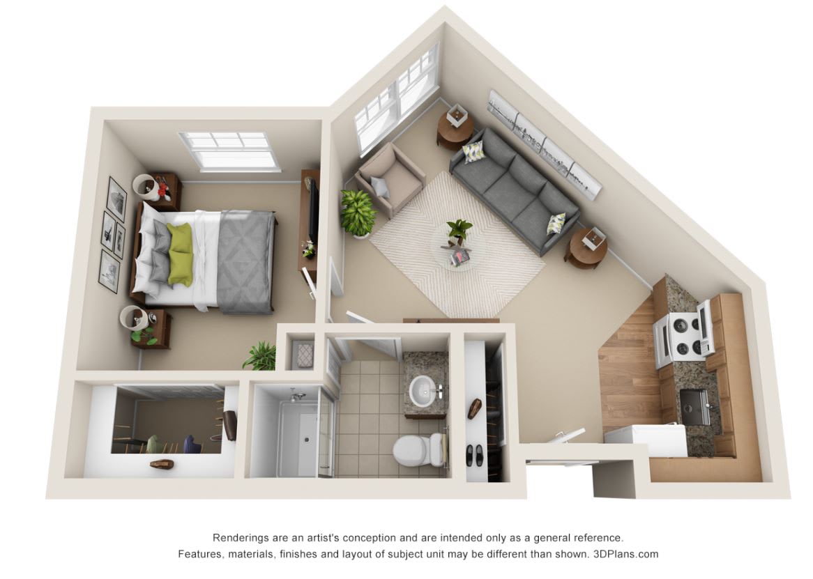 A 3D floor plan of a one-bedroom apartment featuring a living room, kitchen, and bathroom.
