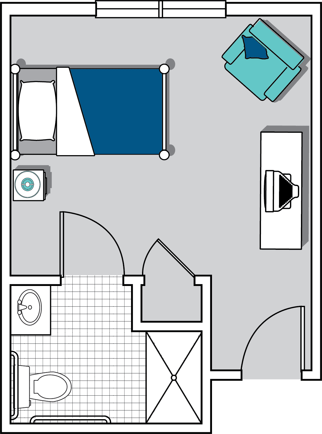 A floor plan of a bedroom with an en-suite bathroom, featuring a bed, desk, and chair.