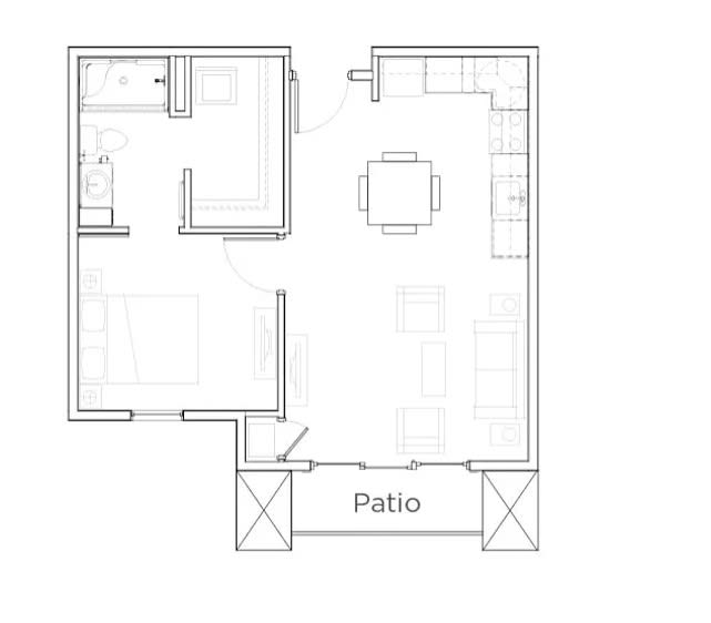 A simple floor plan of an apartment showcasing a living area, bedroom, bathroom, and patio.