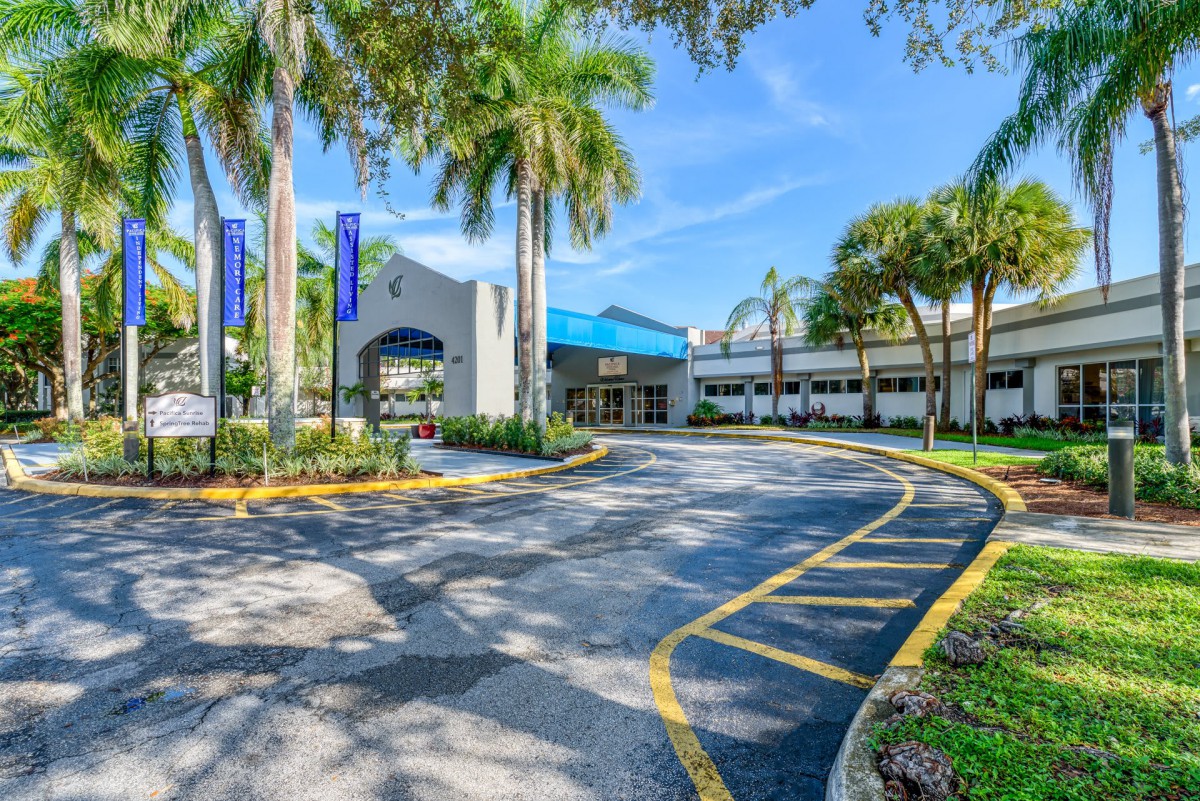 A sunny day at the entrance of a hospital surrounded by palm trees.