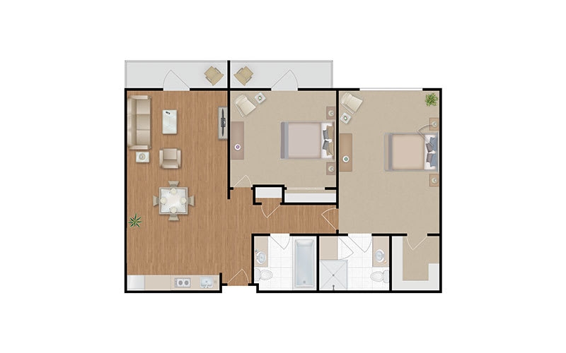 A modern apartment floor plan with two bedrooms, a living room, kitchen, and bathroom.