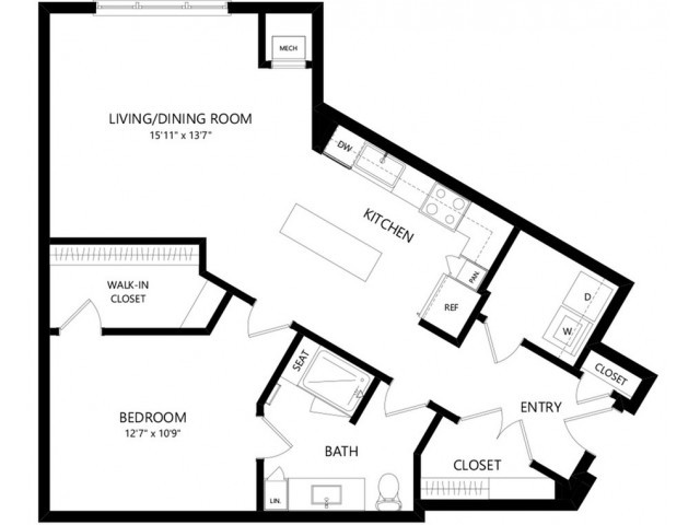 This image is a floor plan of an apartment featuring a living/dining room, bedroom, kitchen, bath, closet, and entryway.
