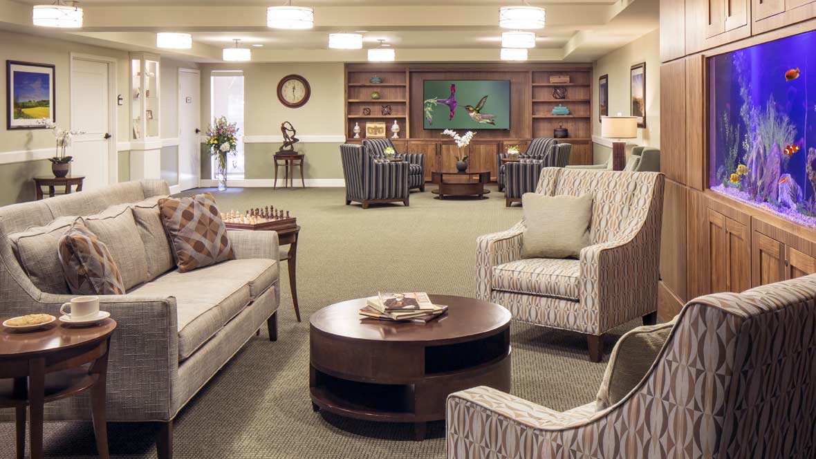 A cozy living room with comfortable seating arrangements and bookshelves in the background.