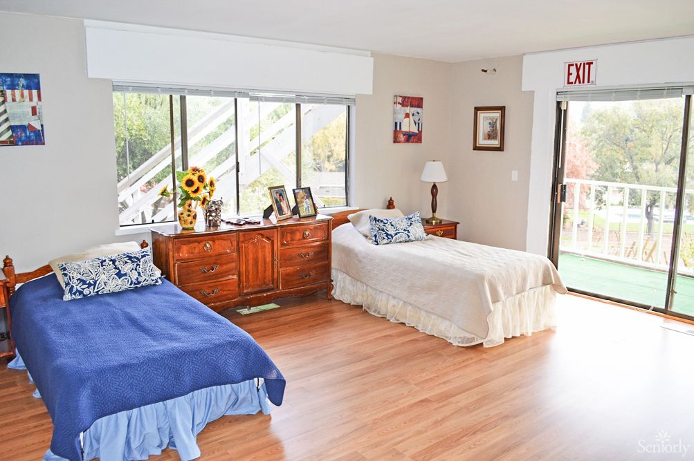 A bright bedroom with two single beds and a large window.