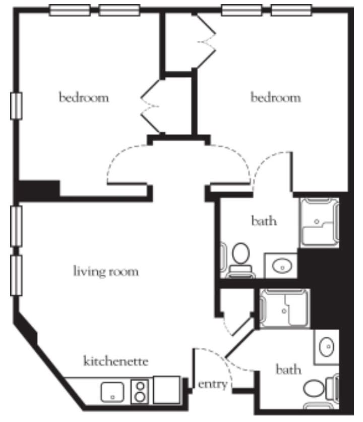 A black and white floor plan of an apartment with two bedrooms, a living room, kitchen, and two bathrooms.