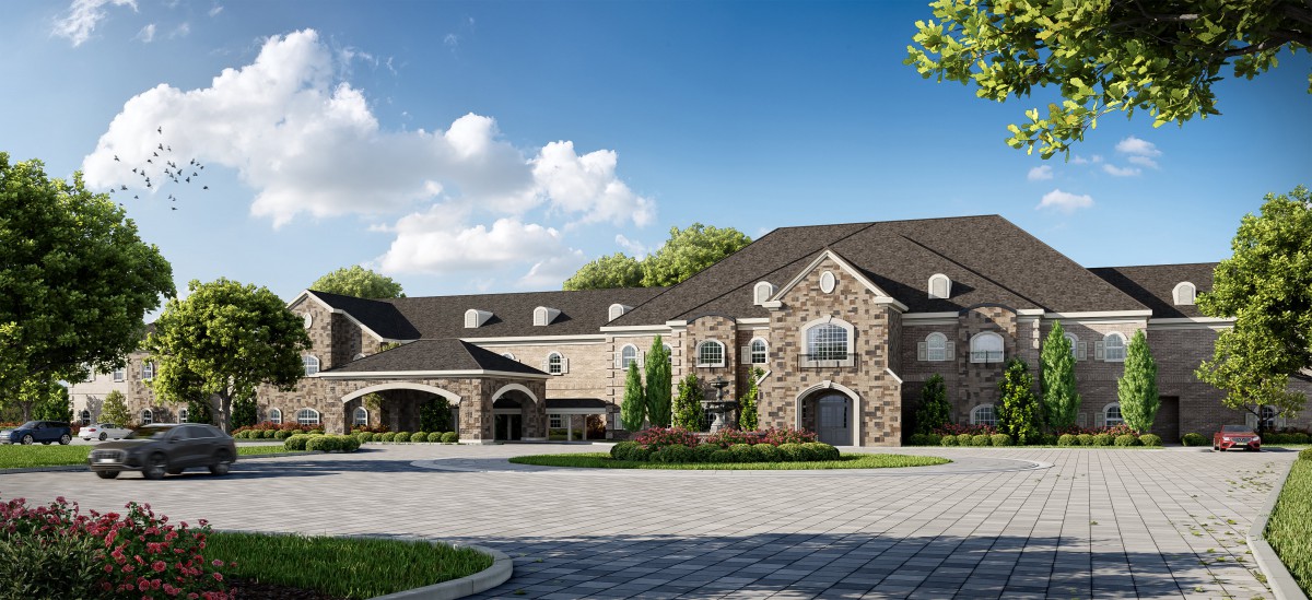 A grand stone mansion with a spacious driveway surrounded by lush greenery and a blue sky.