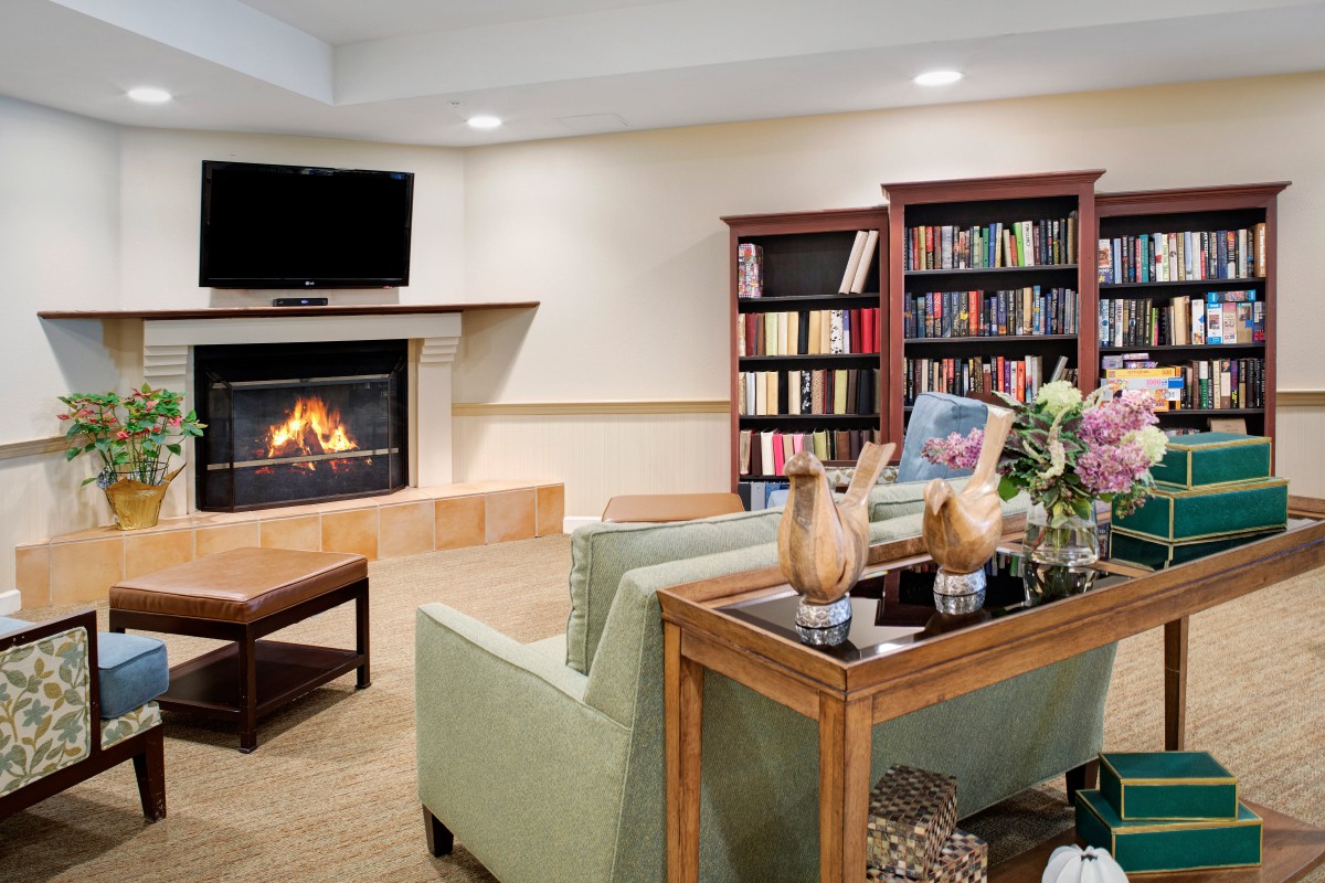 A cozy living room with a fireplace, bookshelves, and a television.