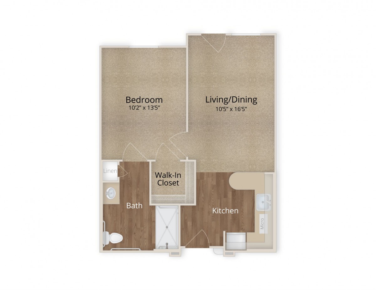 One-bedroom apartment floor plan with living/dining area and kitchen.