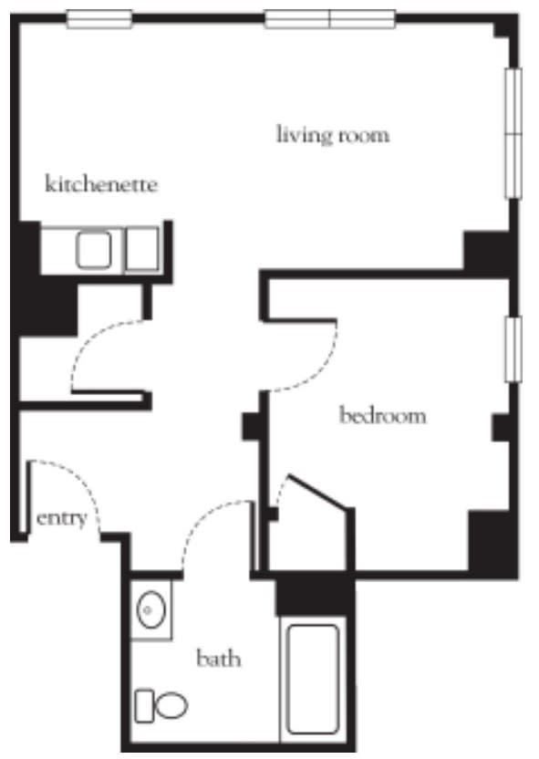 A simple one-bedroom apartment floor plan featuring a kitchenette, living room, entryway, bedroom, and bathroom.