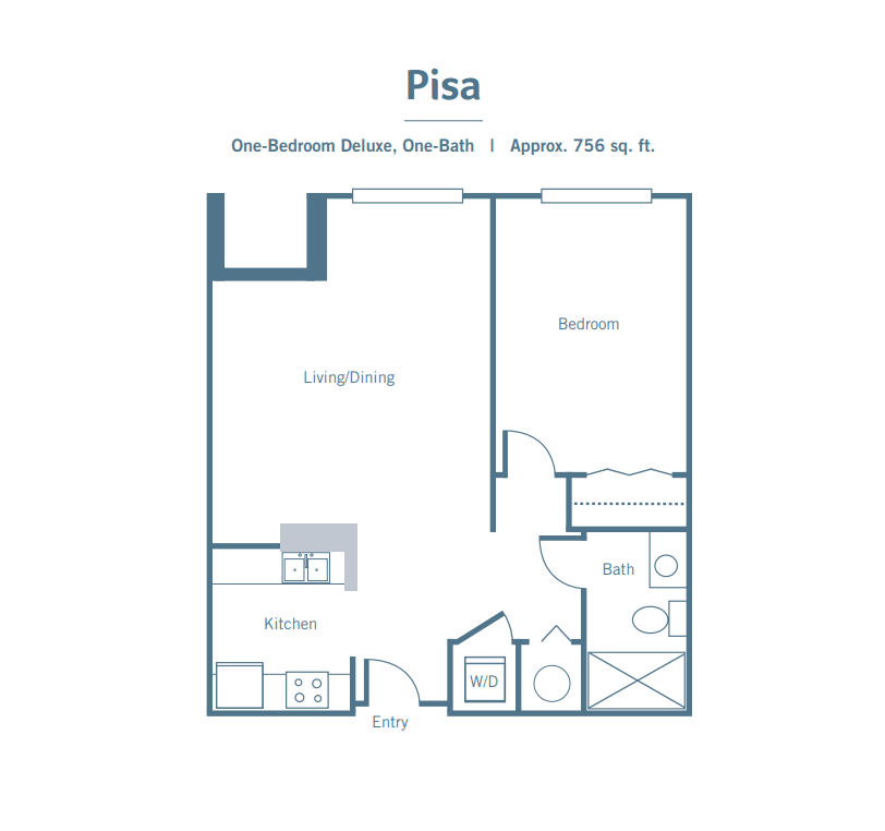A floor plan of a one-bedroom apartment named 'Pisa'.