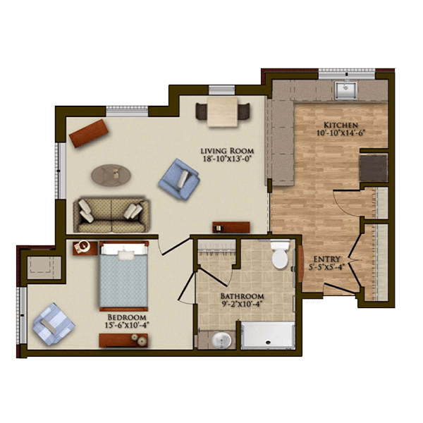 This is a floor plan of an apartment featuring one bedroom, a bathroom, a living room, and a kitchen.
