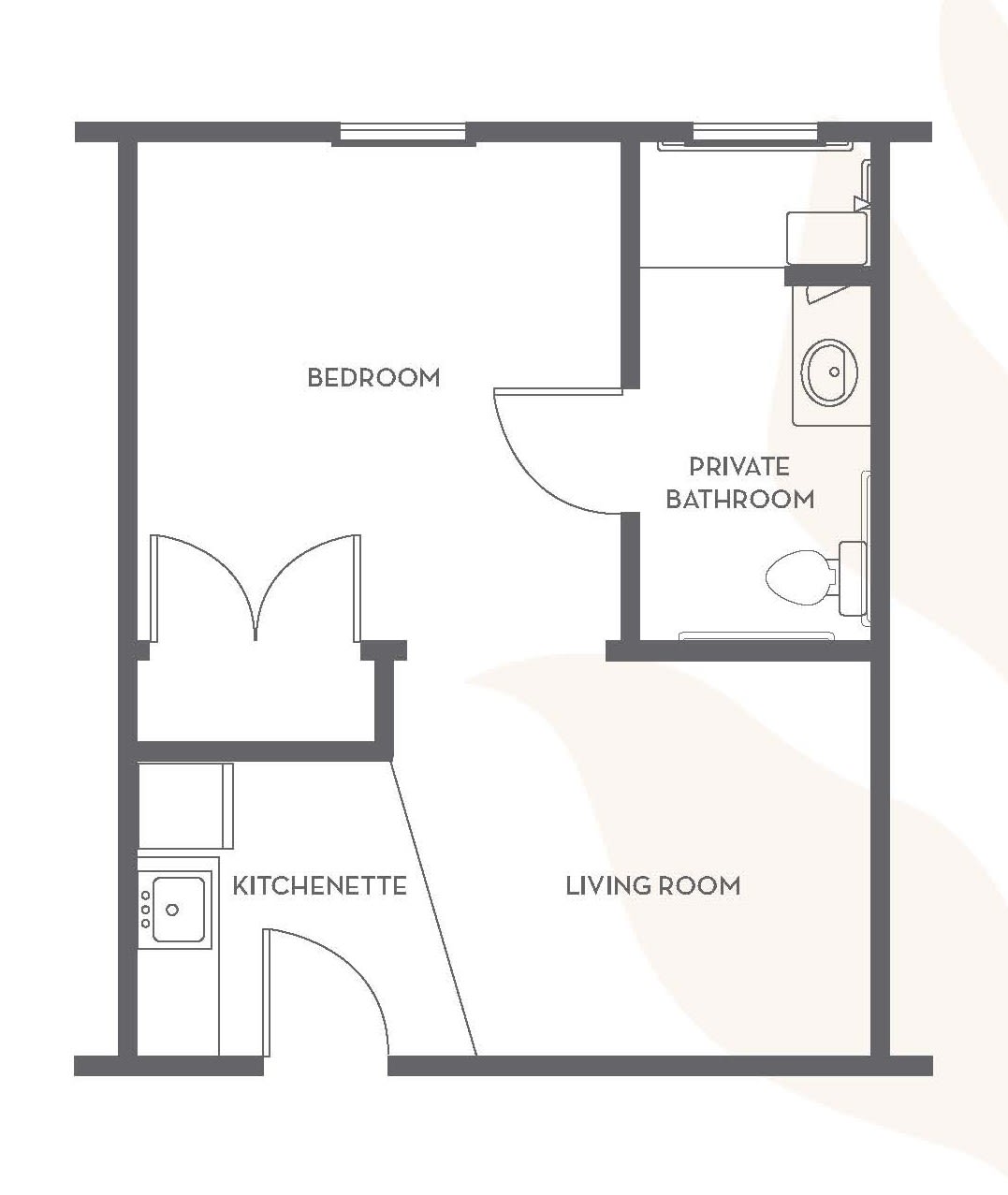 A simple floor plan of an apartment featuring a bedroom, living room, kitchen, and bathroom.