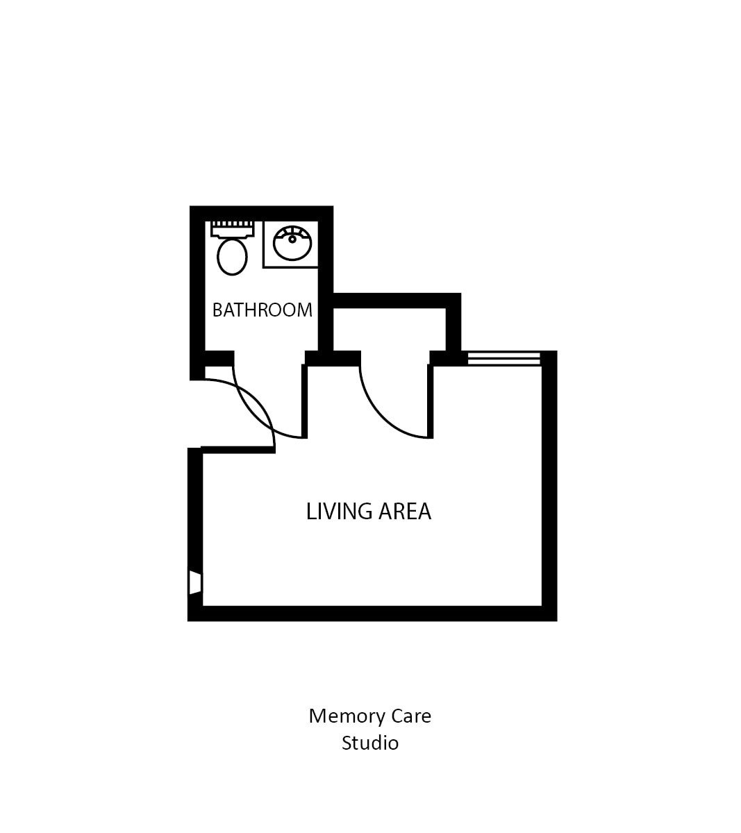 Floor plan of a compact studio apartment with a living area and bathroom.