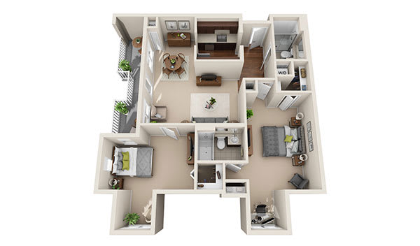 A 3D rendering of an apartment floor plan featuring two bedrooms, a living area, kitchen, and dining space.