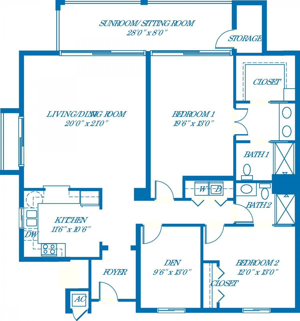 A blueprint of a two-bedroom apartment featuring a living room, kitchen, and bathroom.