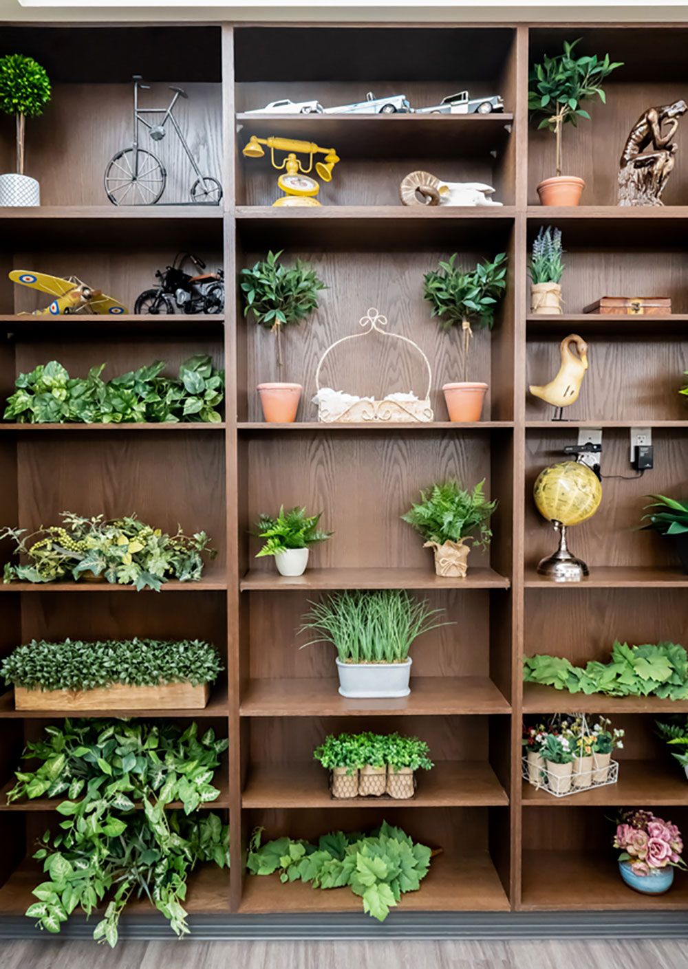 Wooden shelving unit with a variety of indoor plants and decorative items.