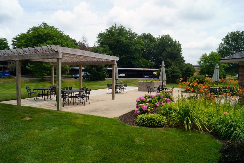 A serene garden with a pergola and outdoor seating area surrounded by lush greenery and colorful flowers.