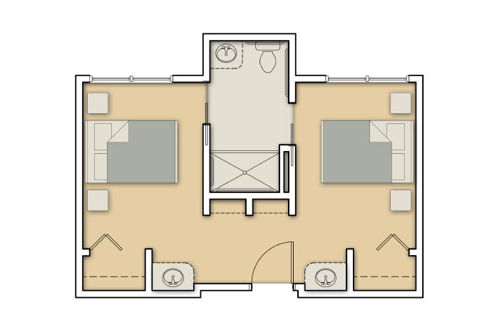 A floor plan of a living space featuring two bedrooms with a shared bathroom in the center.
