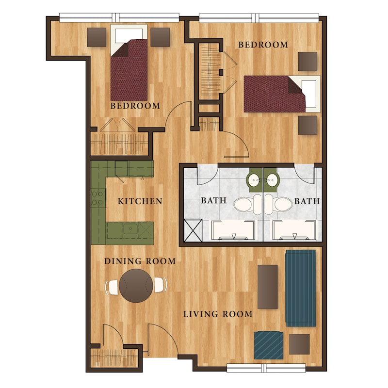 A detailed floor plan of a two-bedroom apartment featuring a living room, kitchen, and two bathrooms.