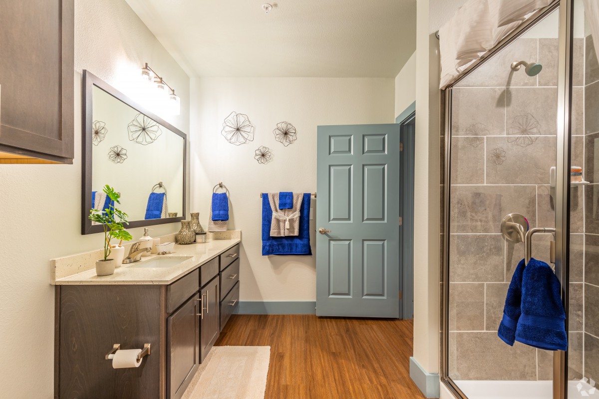 A modern bathroom with a double vanity, wood flooring, and blue accents.