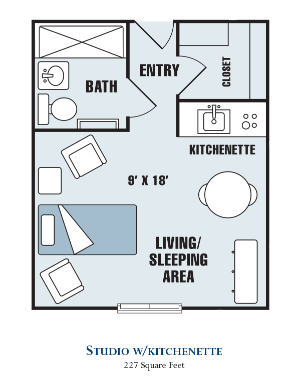A compact studio apartment floor plan featuring a living/sleeping area, kitchenette, and bathroom.