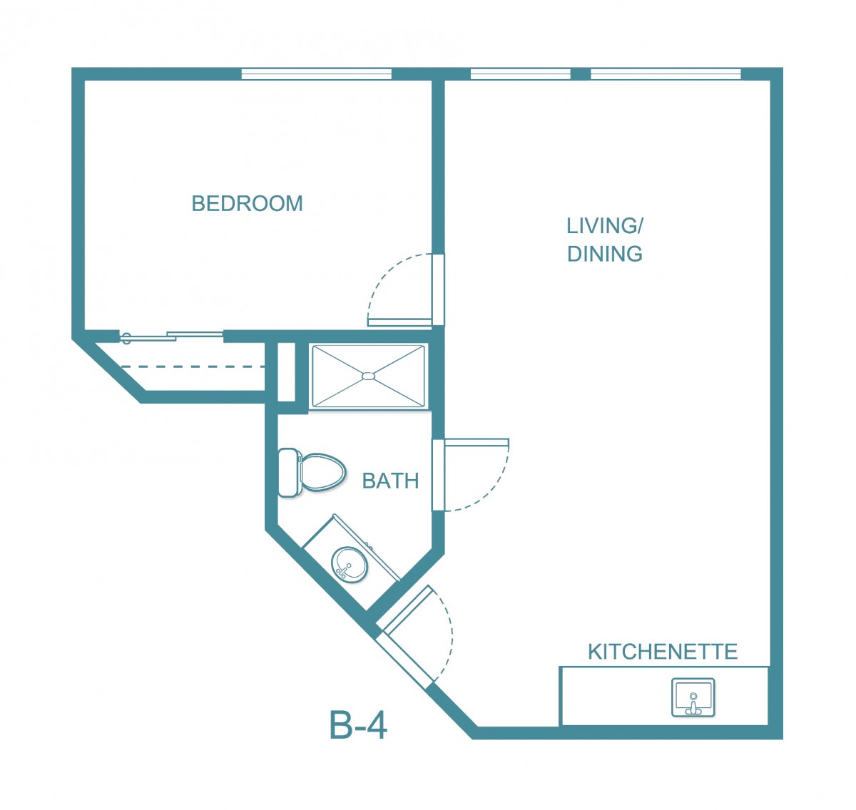 A simple floor plan of a one-bedroom apartment with a combined living/dining area, bathroom, and kitchenette.