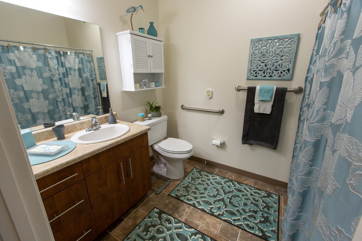 A well-decorated bathroom with teal accents and a modern design.