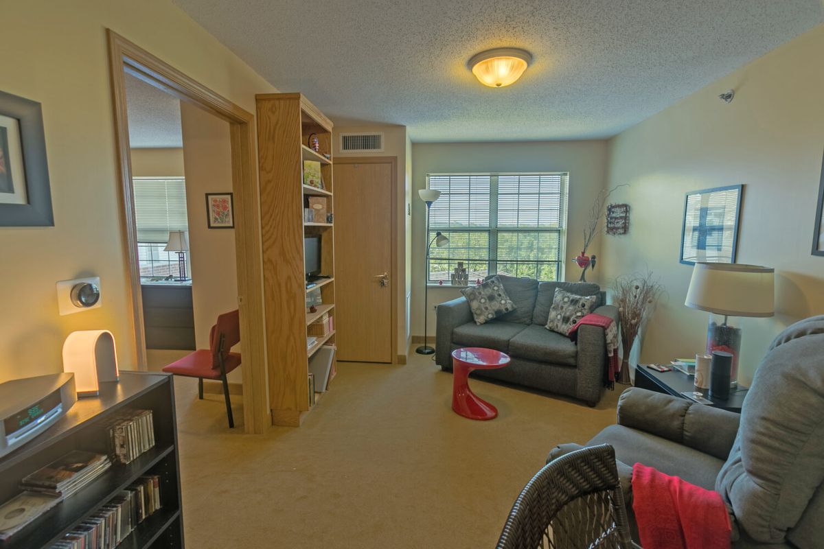 A cozy living room with sofas, a window, and a bookshelf.