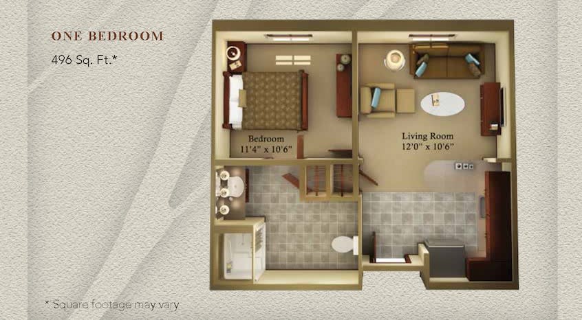 A detailed floor plan of a one-bedroom apartment, featuring a living room, kitchen, and bathroom.