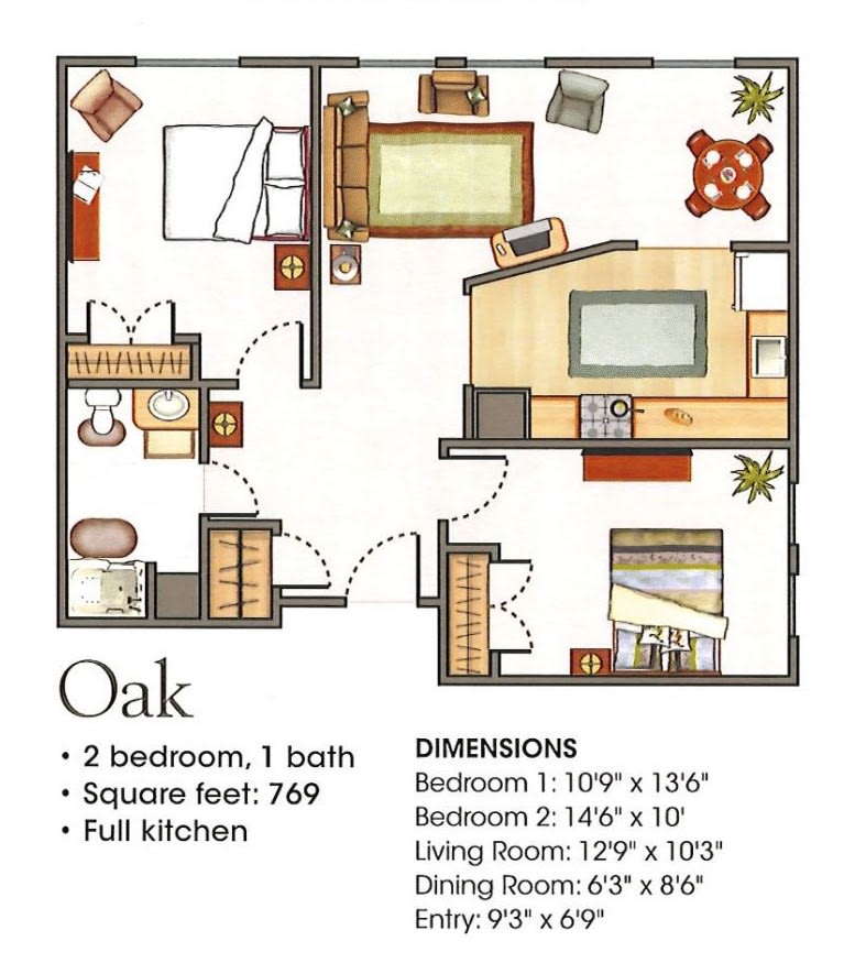 Floor plan of a two-bedroom, one-bathroom apartment with a full kitchen and specified dimensions.