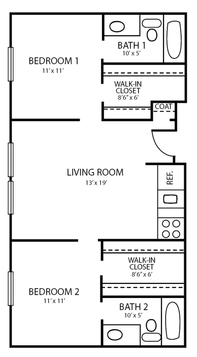 A floor plan showing the layout of an apartment with a living room, kitchen, and walk-in closets.
