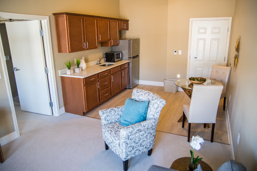 A modern apartment interior featuring a kitchen area and cozy seating.