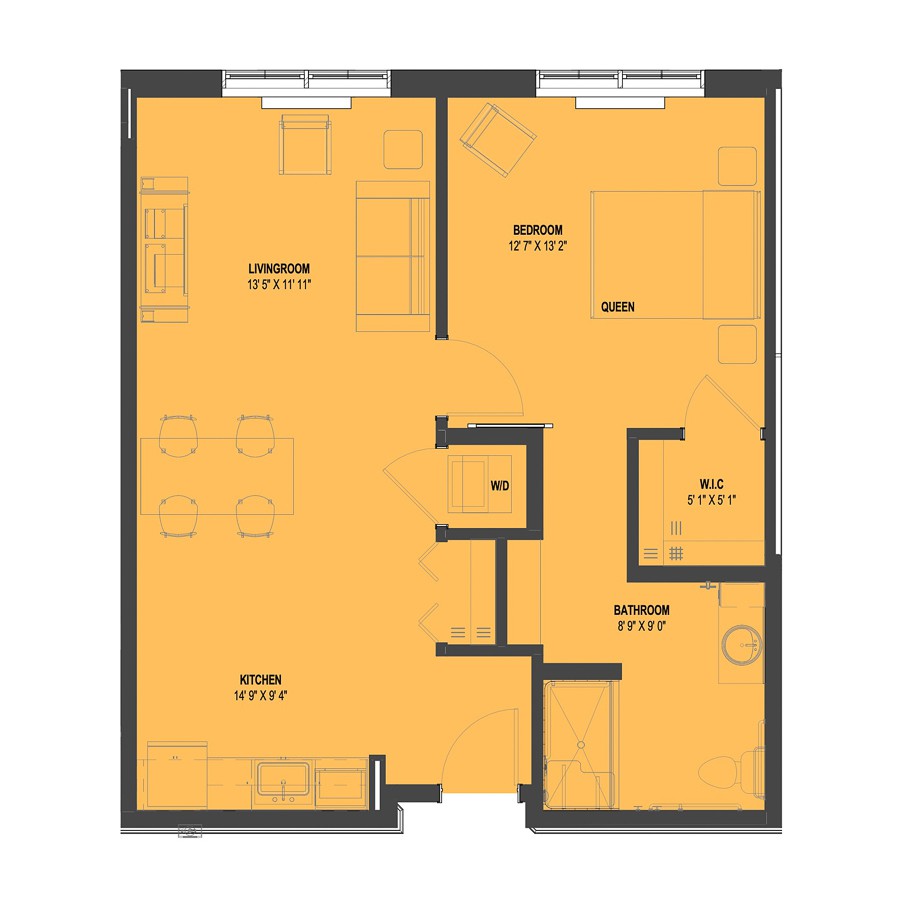 A detailed floor plan of an apartment showcasing the layout of rooms and spaces.