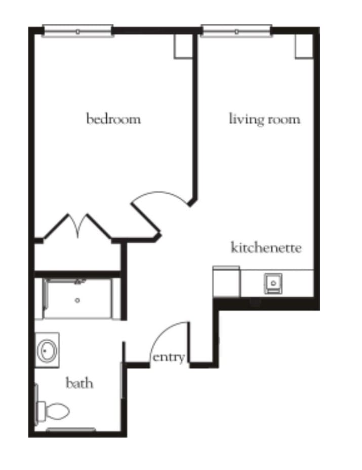 A simple floor plan of a one-bedroom apartment.