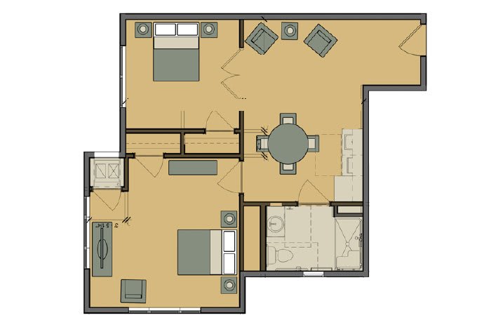 A floor plan of an apartment showing the arrangement of rooms and furniture.