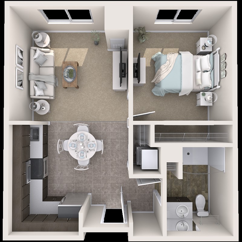 A detailed floor plan of a one-bedroom apartment with a living area, kitchen, and bathroom.