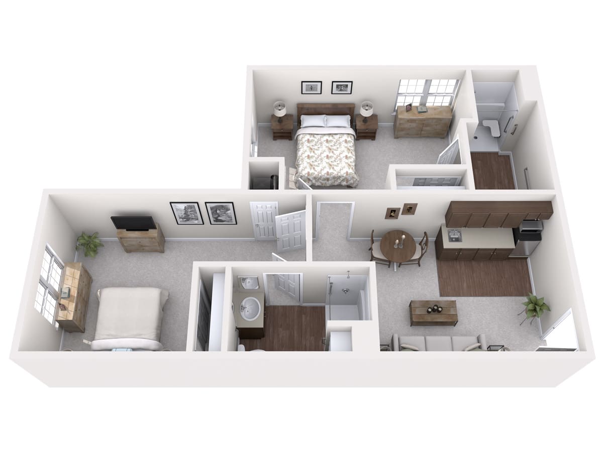 A detailed floor plan of a two-bedroom apartment showcasing the interior layout and design.