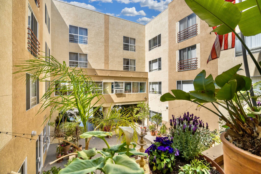 A sunny courtyard with lush plants surrounded by a multi-story building.