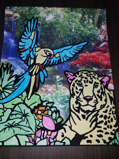 A vibrant illustration of a parrot and a leopard amidst lush tropical foliage.