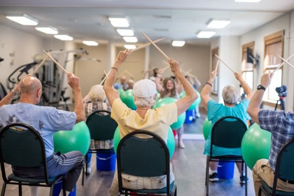 A group of seniors participating in a fitness class using exercise balls and chairs.