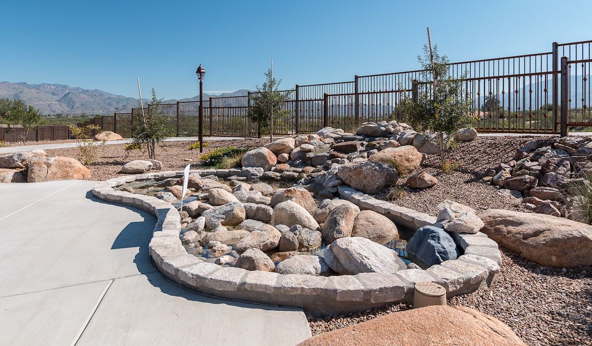 A landscaped garden featuring a rock arrangement with surrounding trees and fencing.
