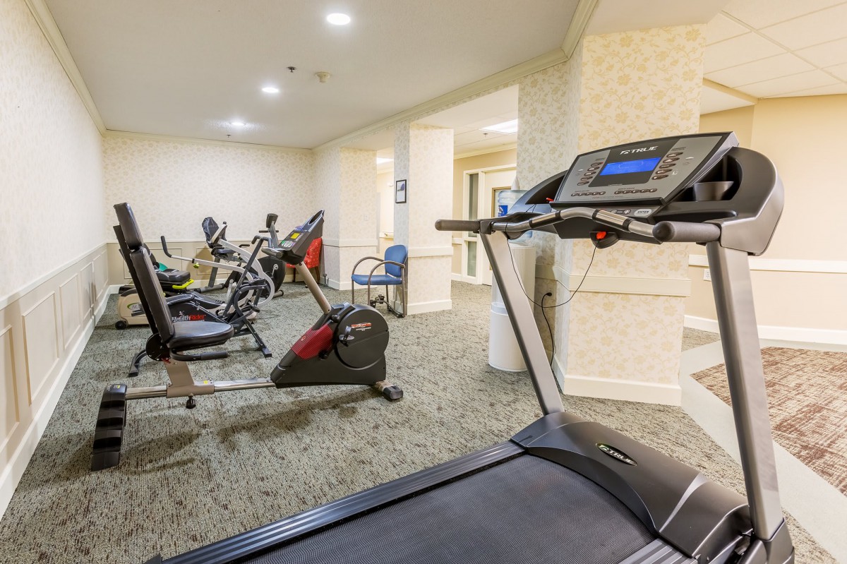 A small gym with various exercise equipment including treadmills and stationary bikes.