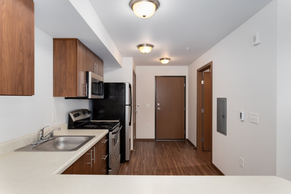 A modern apartment kitchen featuring stainless steel appliances and wooden cabinetry.