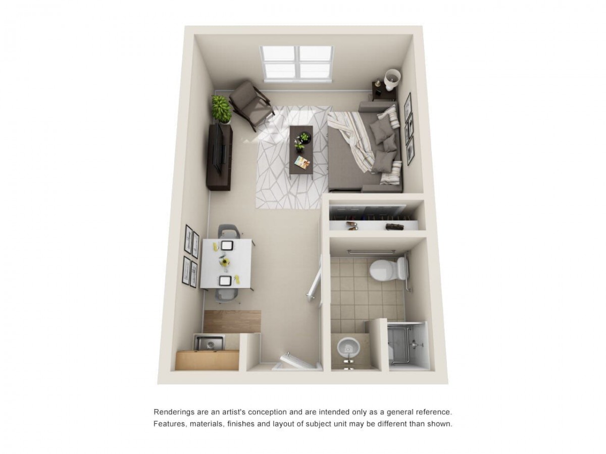 A 3D floor plan of a compact one-bedroom apartment, featuring a living area, kitchen, and bathroom.
