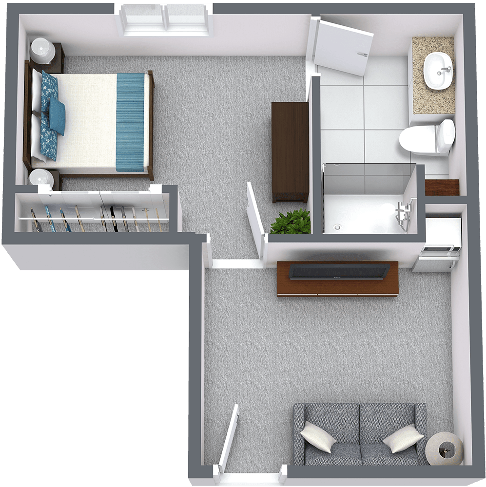 A 3D floor plan of a one-bedroom apartment featuring a living room, kitchen area, and bathroom.