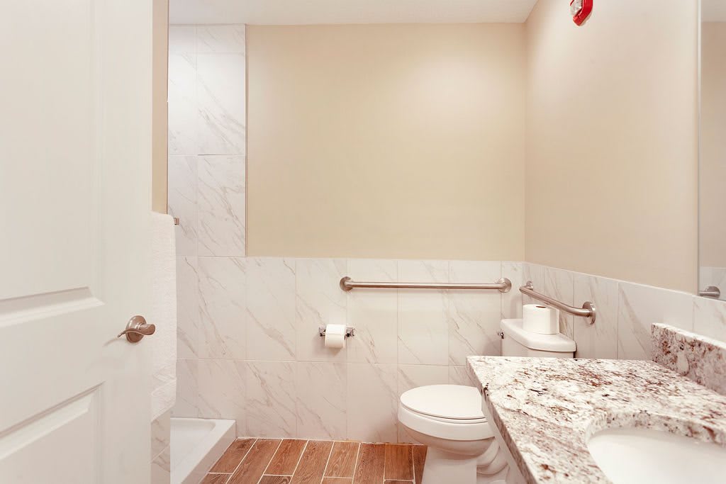Modern bathroom with marble countertop and accessible features.