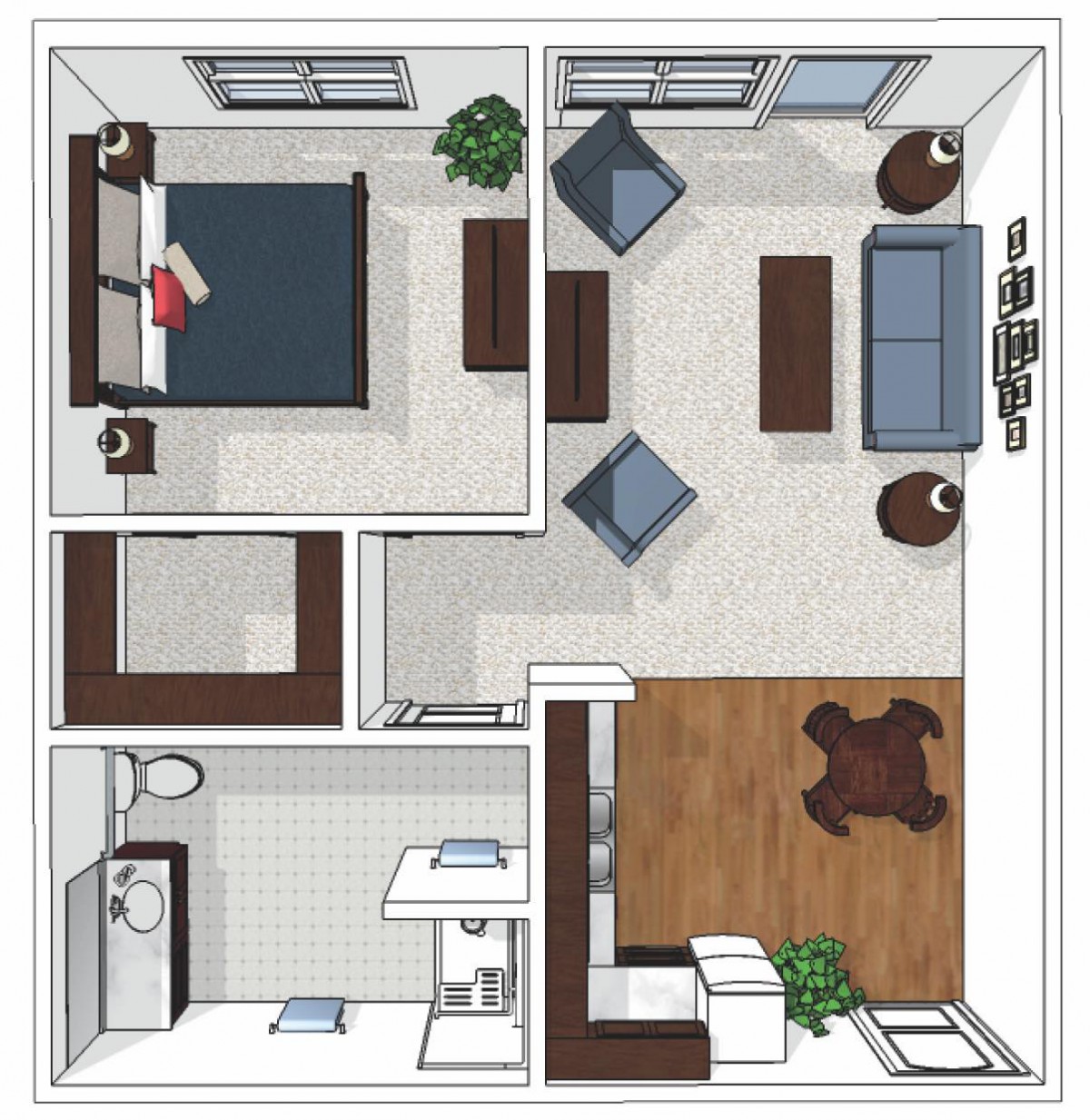 A one-bedroom apartment floor plan featuring a living room, kitchen, bathroom, and bedroom.