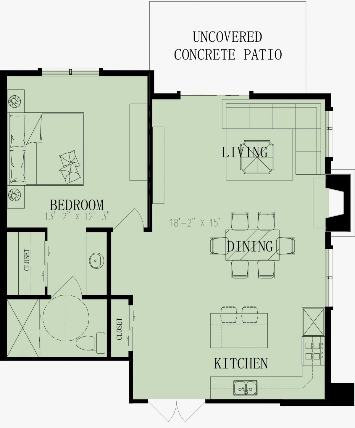 A detailed floor plan of an apartment featuring a kitchen, dining area, living room, bedroom, and a concrete patio.