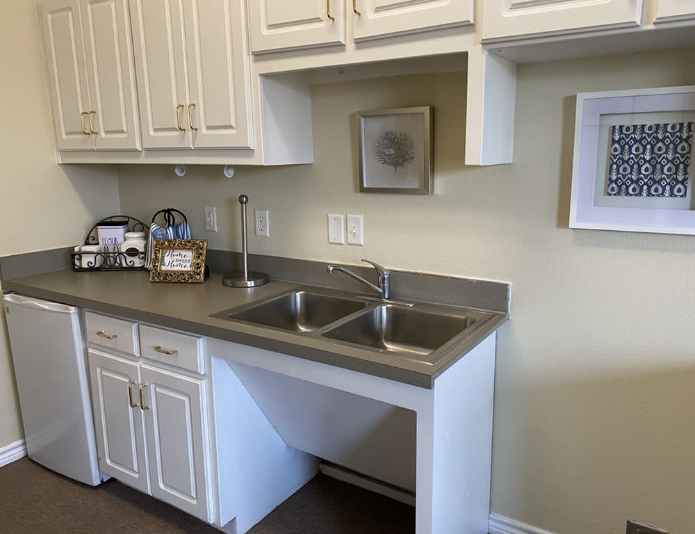 A kitchen area with a double sink, white cabinets, and countertop appliances.