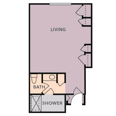 A floor plan showing the layout of an apartment with a living area, bathroom, and shower.
